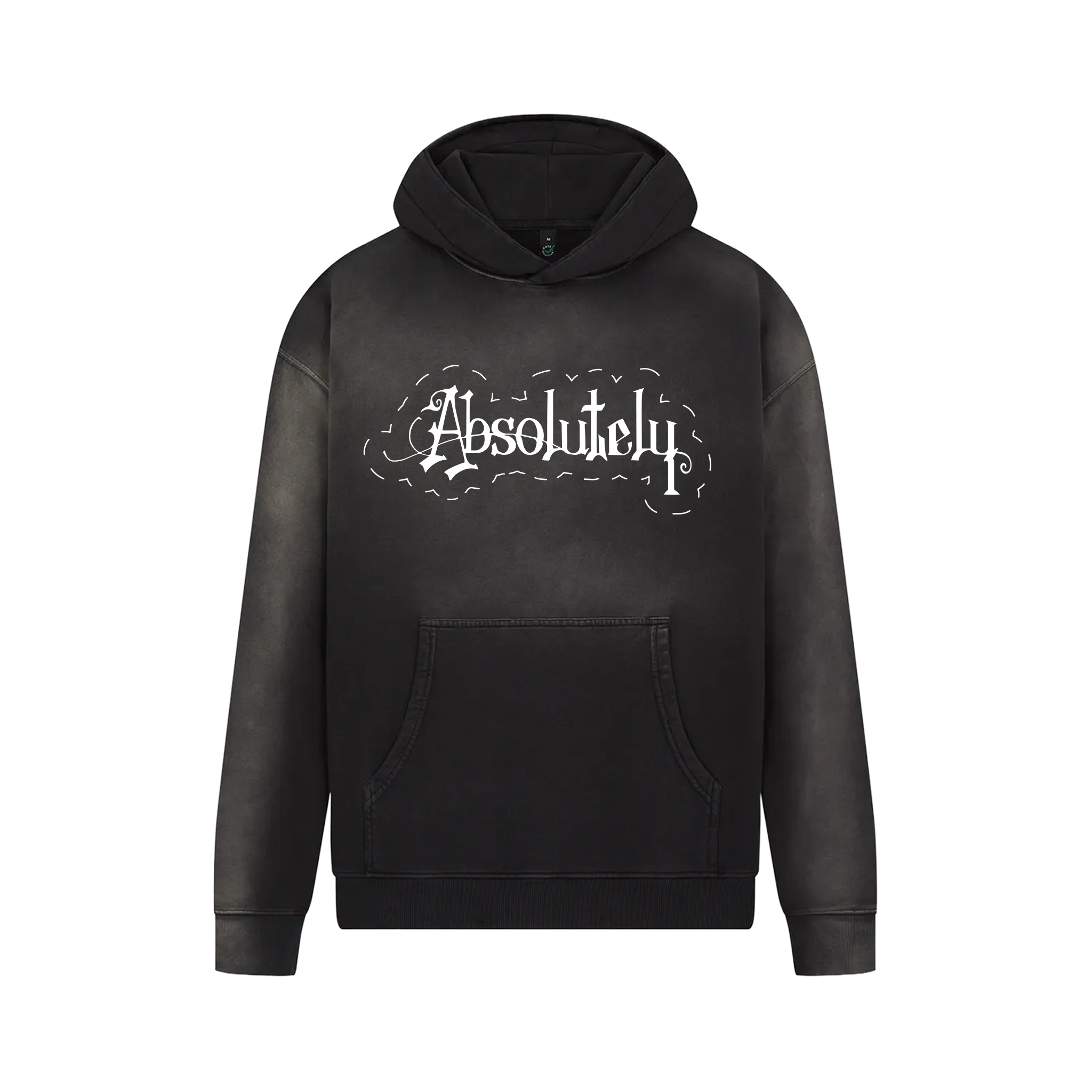 Black hoodie with 'Absolutely' text. 
