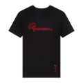 Black Absolutely Paracosm t-shirt with red album title print and a figure on left corner.