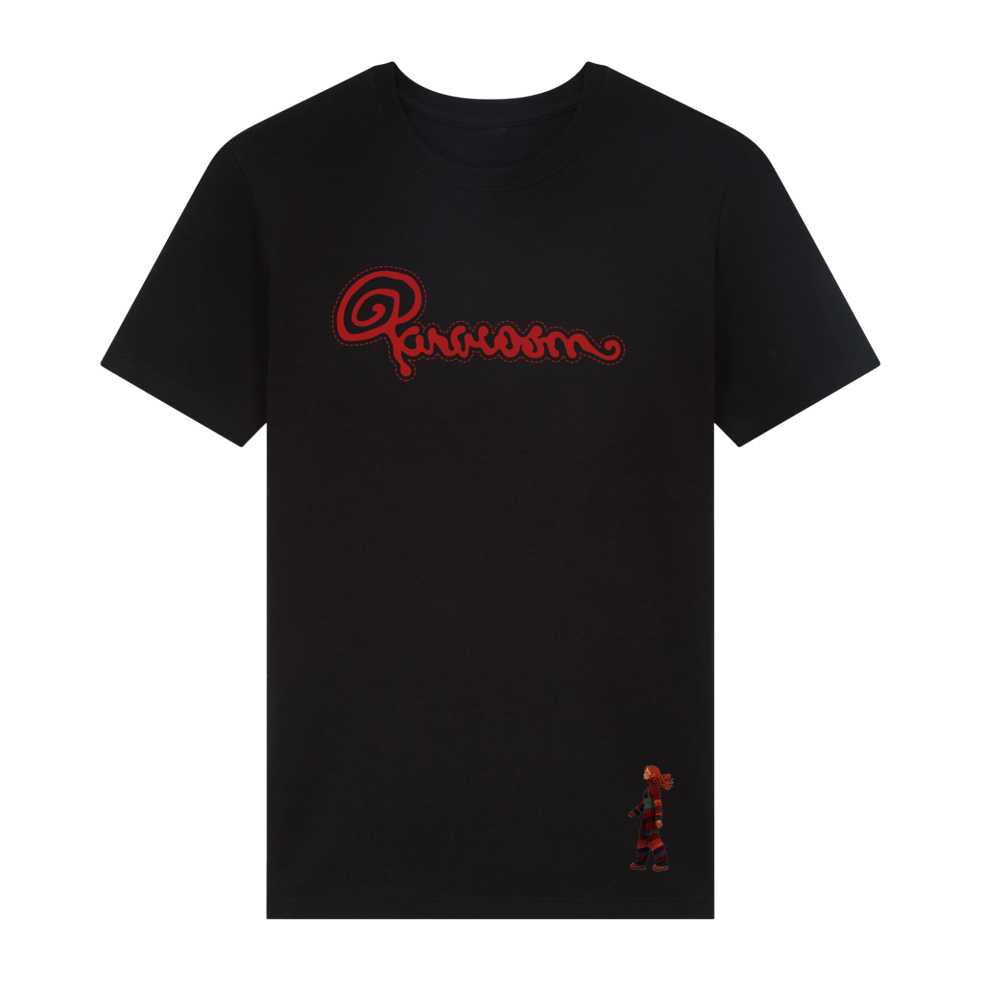 Black Absolutely Paracosm t-shirt with red album title print and a figure on left corner.