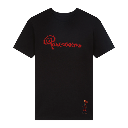 Black Absolutely Paracosm t-shirt with red album title print and a figure on left corner.